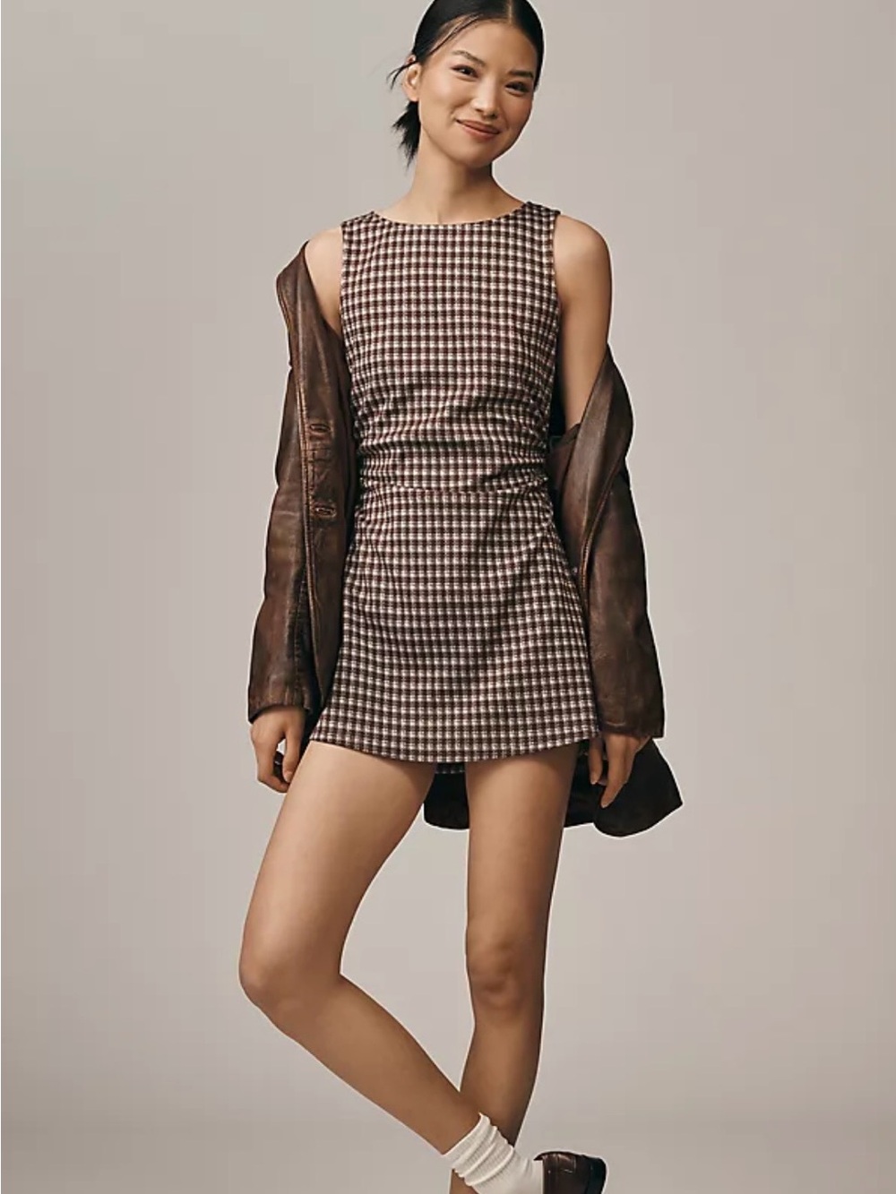 Lisa Says Gah Brown Gingham Sleeveless Mini Dress